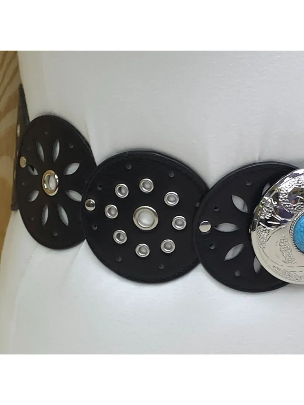 Haute Hippie Black Faux Leather Disc Belt With Silver & Turquoise Buckle Accent